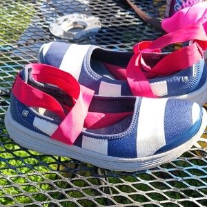 Bzees Navy and White Striped  Mary Jane Sneakers with Pink Strap